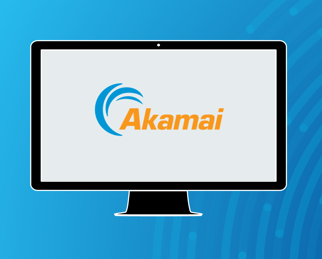 A blue background with a desktop monitor in the foreground displaying the Akamai logo