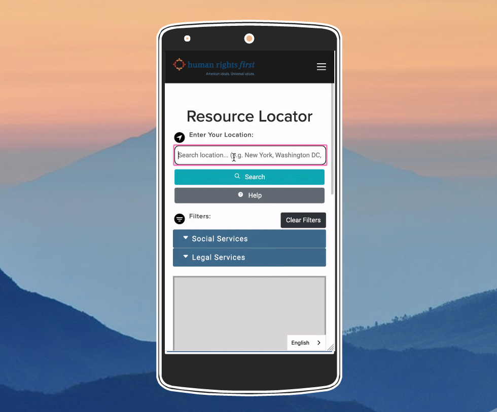 A orange and blue mountainous sunset background with a mobile phone in the foreground. On the phone is the Lamplight website displaying the Resource Locator feature.