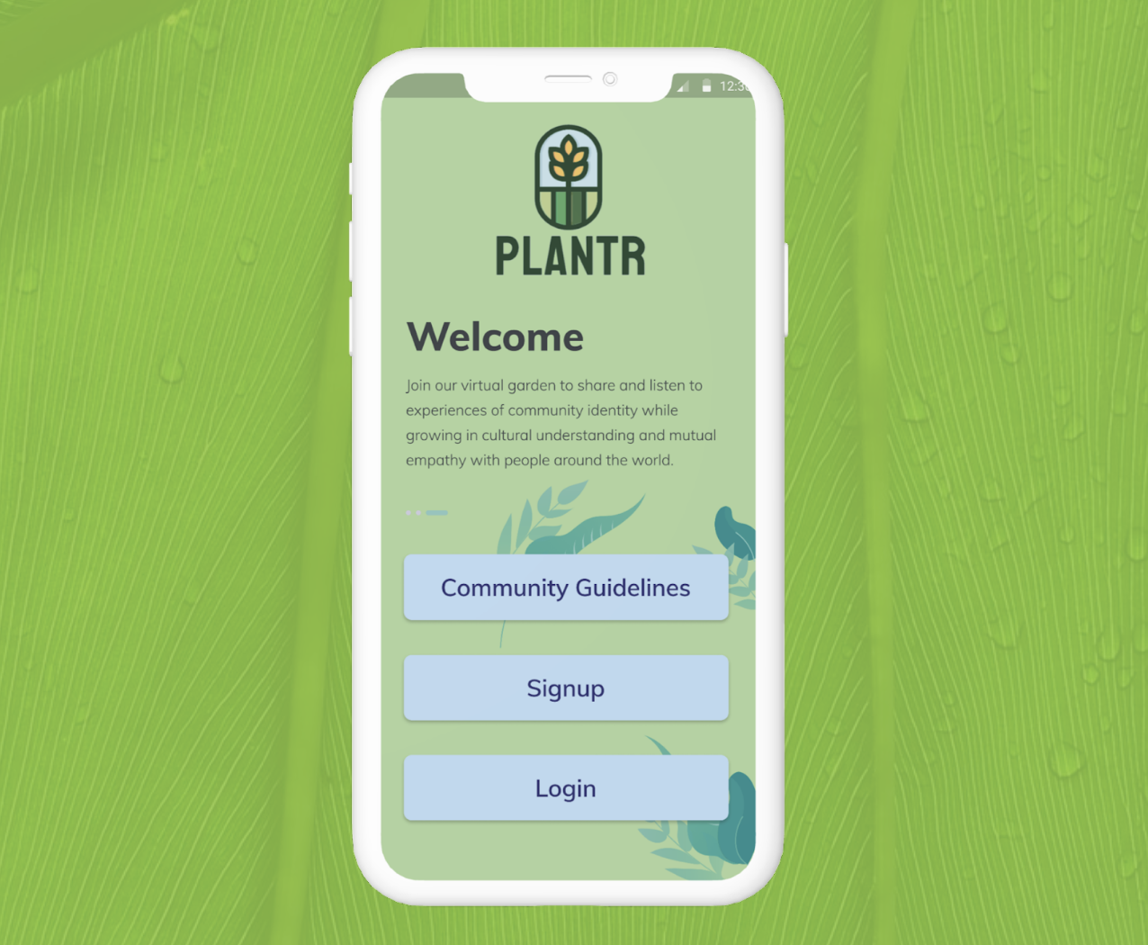 A green background with a mobile phone in the foreground. On the phone is the Plantr app's home screen.