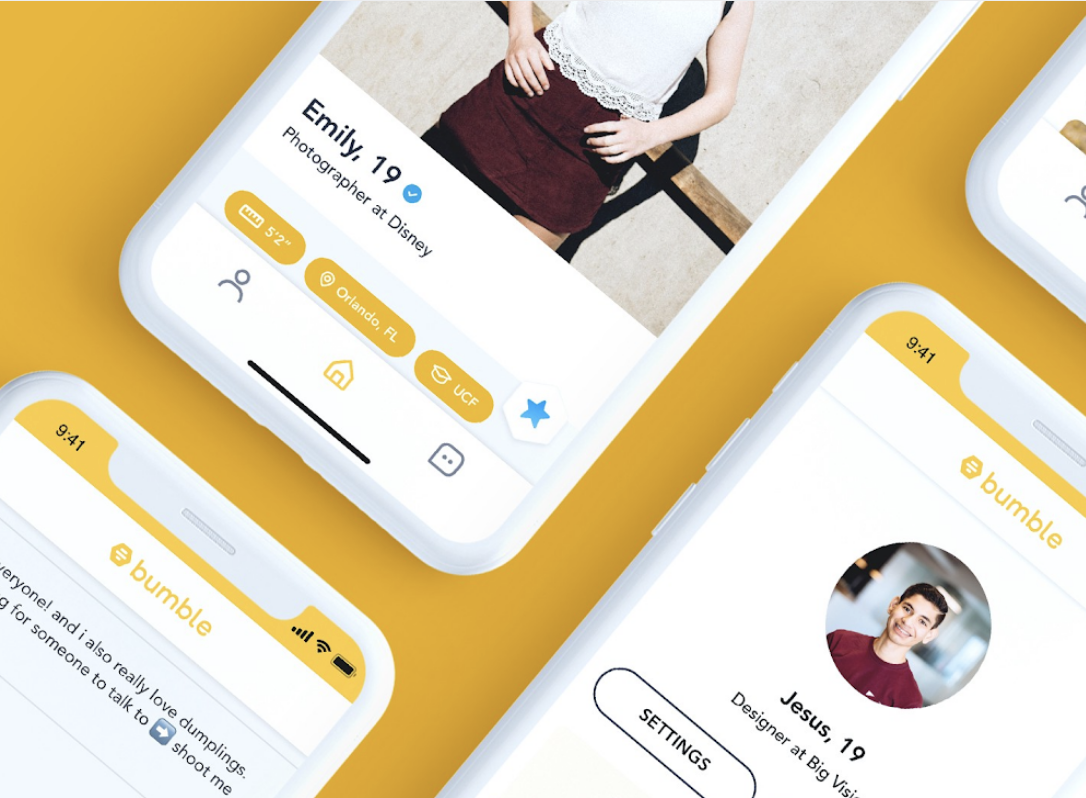 An image of tiled phone screens showing user profiles on the Bumble dating app.